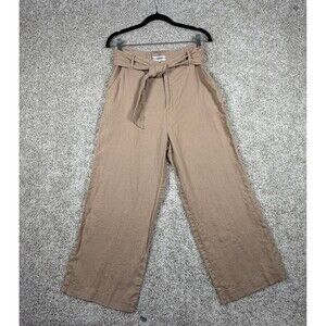 GUESS Womens Linen Wide Leg Pants Size Small Beige Paperbag Waist Tie Belt Casua